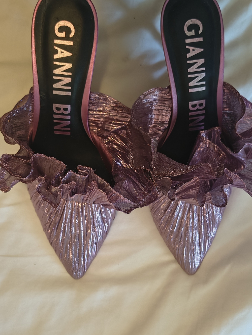 Gianni Bini Metallic Lavender Ruffle Pointed-Toe Mules